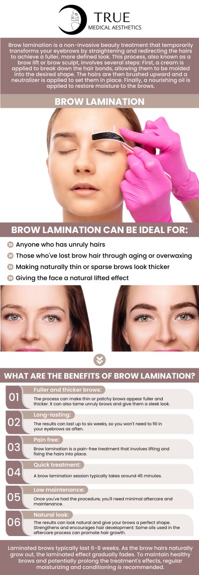 Brow lamination is a secure procedure that can provide you with naturally fuller-looking brows after a single treatment. When compared with various brow procedures, it is a more cost-effective decision. If you want a new look that is easy to maintain, this technique you should consider. Based on the condition of your hair, the results of your brow lamination will endure for five to eight weeks. Visit Tristen Durkin, RN, and her team at True Medical Aesthetics can help you obtain more satisfied, clearly defined, and voluminous brows. For more information, contact us or schedule an appointment online. We are conveniently located at 50 Avon Meadow Lane Avon, CT 06001. 