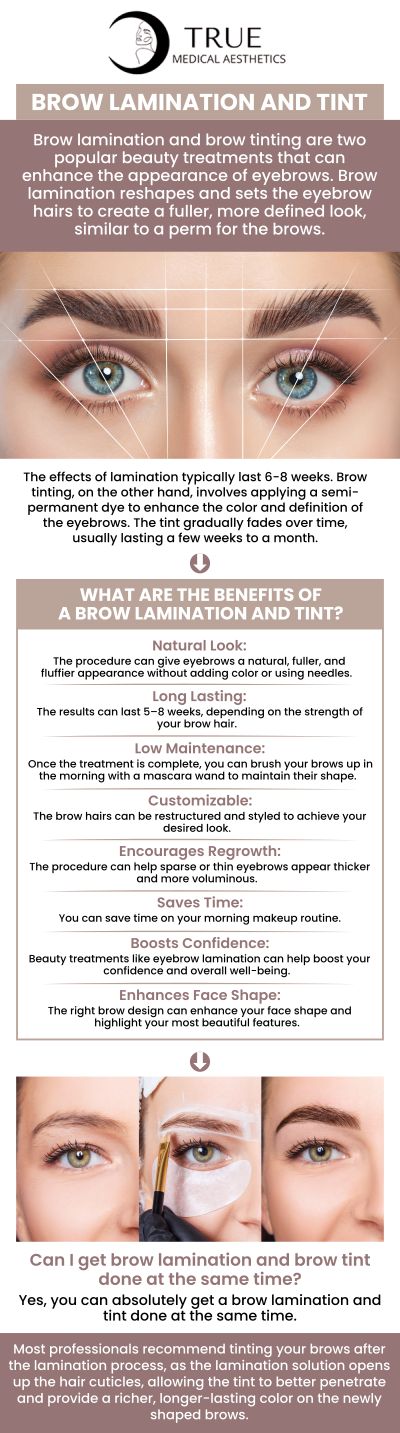 Brow lamination is intended to offer enduring brow contour. The procedure simply involves applying a chemical-based solution to straighten the brow hairs so that they all lay in the appropriate direction. Tint darkens and defines brow form and can last up to 6 weeks. At True Medical Aesthetics, Tristen Durkin, RN, and her qualified team will help you develop customized brow shapes and tints so you can achieve a desired appearance that enhances your style! For more information, contact us or schedule an appointment online. We are conveniently located at 50 Avon Meadow Lane Avon, CT 06001. 