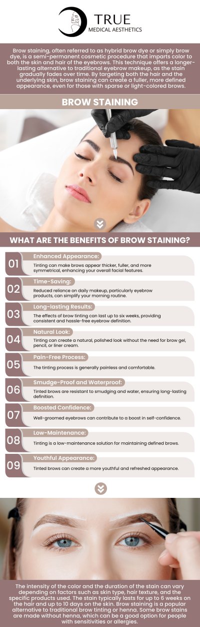 The technique of "brow staining" involves using a semi-permanent pigment to shape, contour, and enhance the eyebrows by gently dyeing your skin and hair. Visit Tristen Durkin, RN, to get safe and effective brow staining at True Medical Aesthetic. For more information, contact us or schedule an appointment online. We are conveniently located at 50 Avon Meadow Lane Avon, CT 06001. 