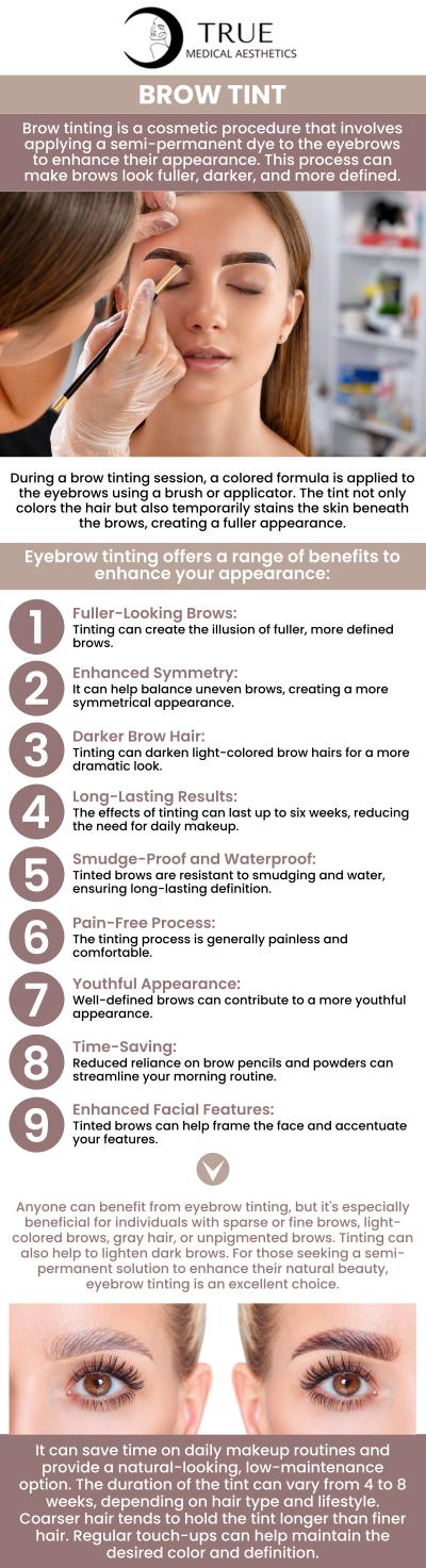 Eyebrow tinting is a procedure that entails putting a light dye on the brows for a few minutes to darken their appearance a shade or two. Tinting works especially well on thin brows, capturing the lighter hairs to create a more dense and prominent contour. Tristen Durkin, RN, and her team offer quick and easy solutions to enhance your beauty at True Medical Aesthetics. For more information, contact us or schedule an appointment online. Our clinic is conveniently located at 50 Avon Meadow Lane Avon, CT 06001. 