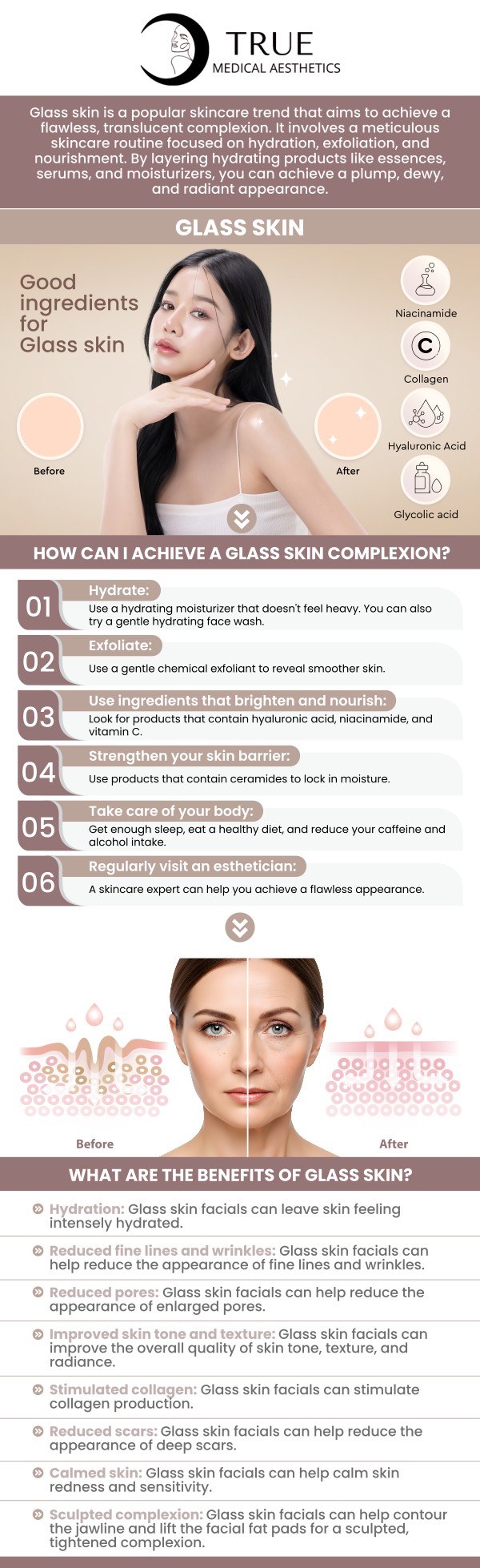 Common questions asked by clients: Common questions asked by clients: What is the best treatment to achieve glass skin? What is a glass skin routine? Is having glass skin healthy? How to get glass skin over 40? For more information, contact us or schedule an appointment online. Our clinic is conveniently located at 50 Avon Meadow Lane Avon, CT 06001. We serve clients from Avon CT, Simsbury CT, Canton CT, Bloomfield CT, Farmington CT, Burlington CT, and surrounding areas.
