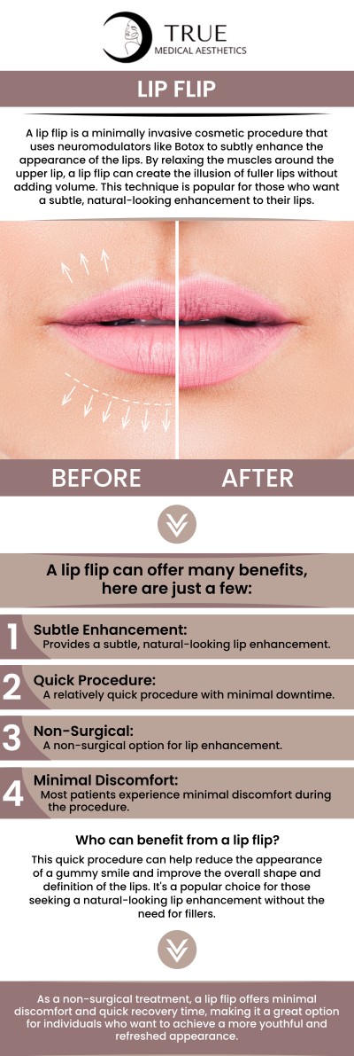 The lip flip procedure is quick and requires no downtime, making it a convenient choice for enhancing your smile and boosting confidence. This subtle enhancement can also help improve the appearance of a gummy smile. Tristen Durkin, RN, and the medical staff with her are always available to help you at True Medical Aesthetics. For more information, contact us or schedule an appointment online. We are conveniently located at 50 Avon Meadow Ln, Avon, CT 06001.
