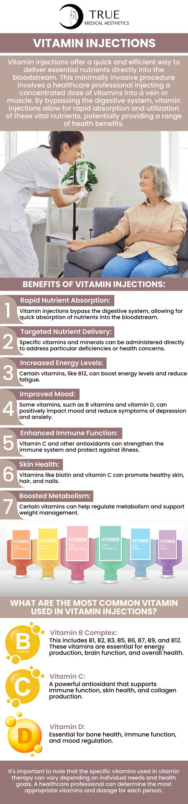 Boost your vitamin levels with our efficient injections at True Medical Aesthetics, designed to enhance energy, immunity, and overall vitality. Visit Tristen Durkin and her experienced staff for a personalized consultation and experience the benefits firsthand. For more information, please contact us or schedule an appointment online. We are conveniently located at 50 Avon Meadow Ln, Avon, CT 06001.