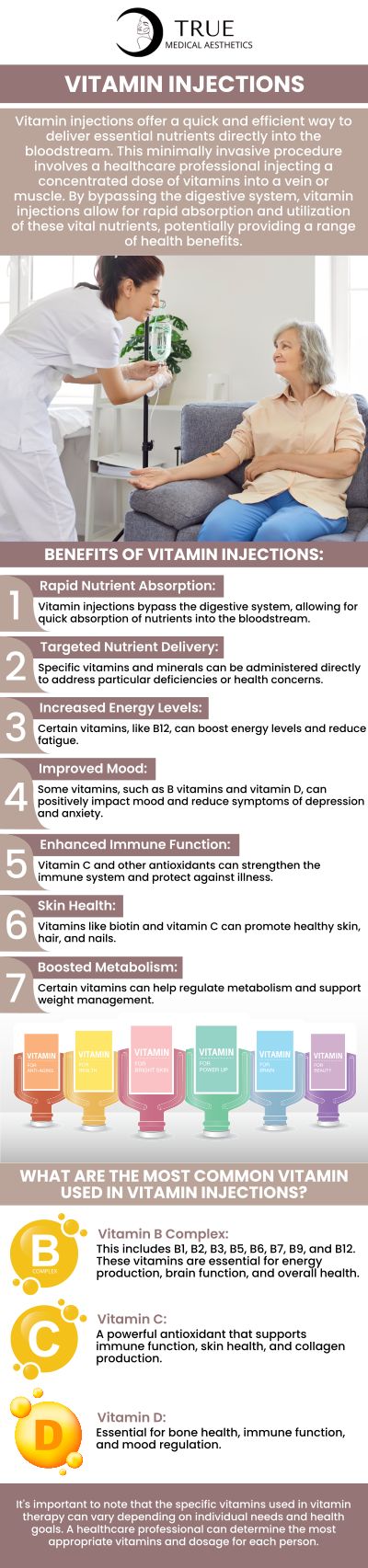 Boost your vitamin levels with our efficient injections at True Medical Aesthetics, designed to enhance energy, immunity, and overall vitality. Visit Tristen Durkin and her experienced staff for a personalized consultation and experience the benefits firsthand. For more information, please contact us or schedule an appointment online. We are conveniently located at 50 Avon Meadow Ln, Avon, CT 06001.