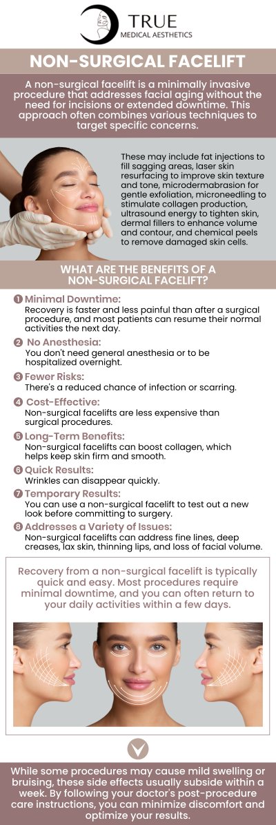 At True Medical Aesthetics, Tristen Durkin, RN, offers non-surgical facelift treatments designed to revitalize your appearance without the need for surgery. These safe and effective procedures target sagging skin, fine lines, and wrinkles, lifting and tightening your facial contours for a youthful, refreshed look. With minimal downtime and customized treatments, you can achieve ageless beauty and feel confident in your skin again. For more information, please contact us or schedule an appointment online. We are conveniently located at 50 Avon Meadow Ln, Avon, CT 06001.